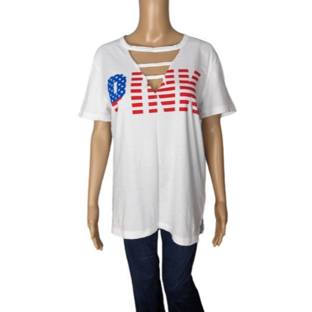 PINK Victoria's Secret Patriotic Stars and Stripes V-Neck Campus Tee XS